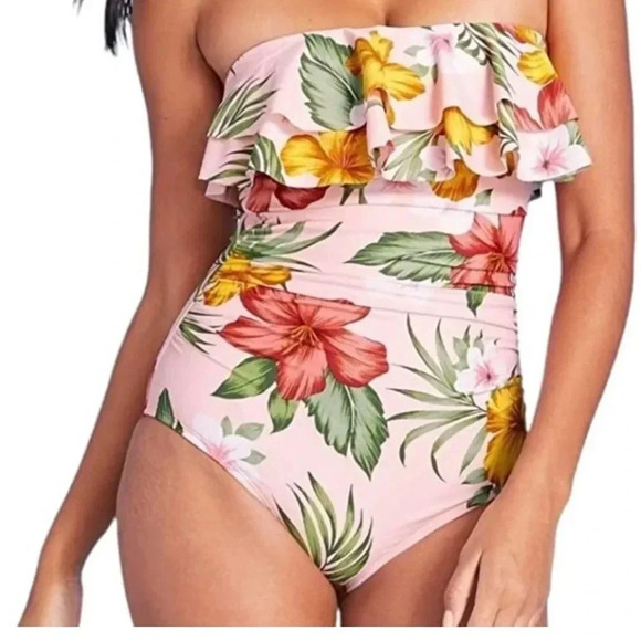 Flounce Front One Piece Swimsuit Kona Sol Hawaiian Floral Removeable Straps - Picture 3 of 15